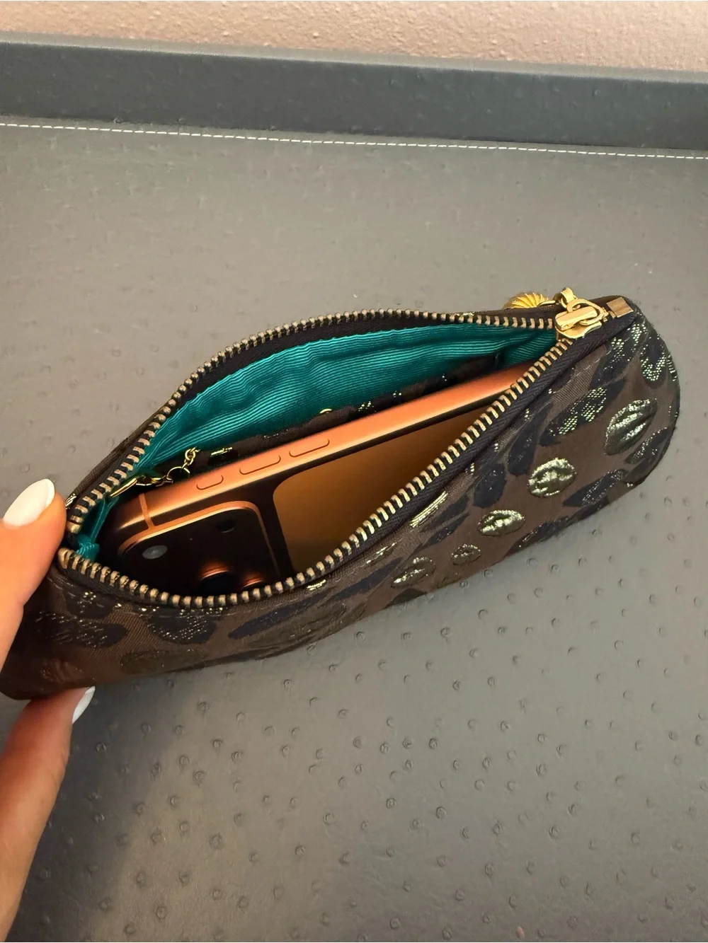 Amanda Pearl Gold & Black Leopard Print Zip Clutch with Matching Mirror